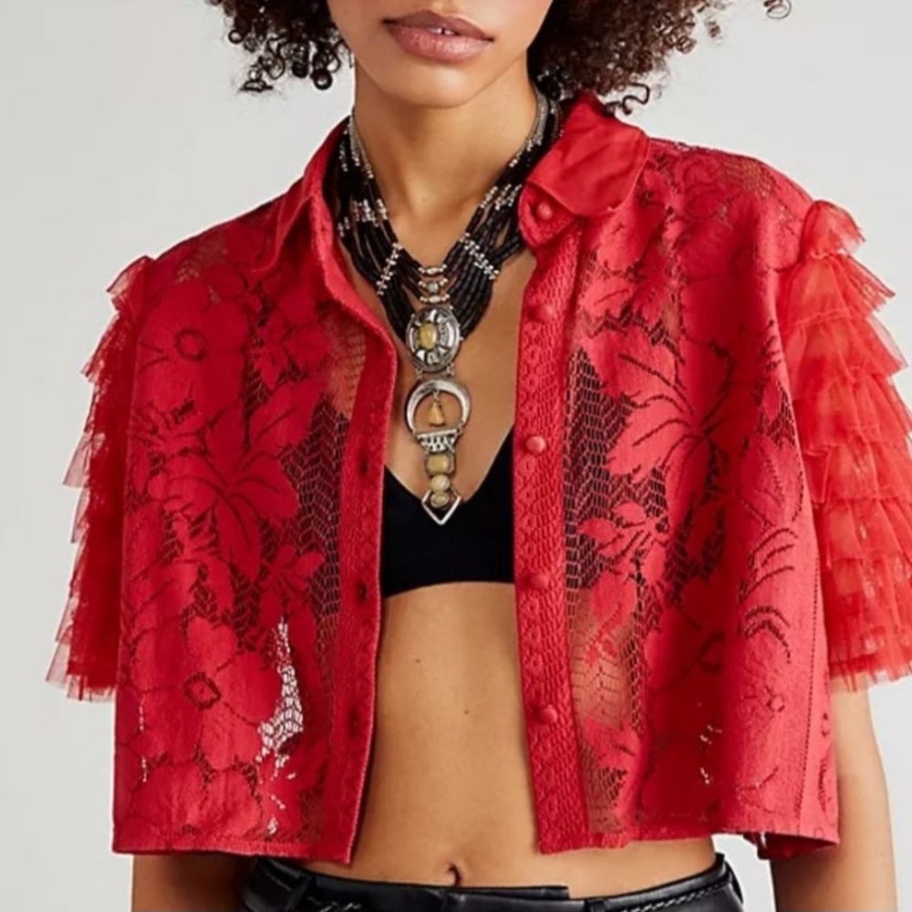 Free People Red Lace Ruffle Sleeve Cropped Blouse